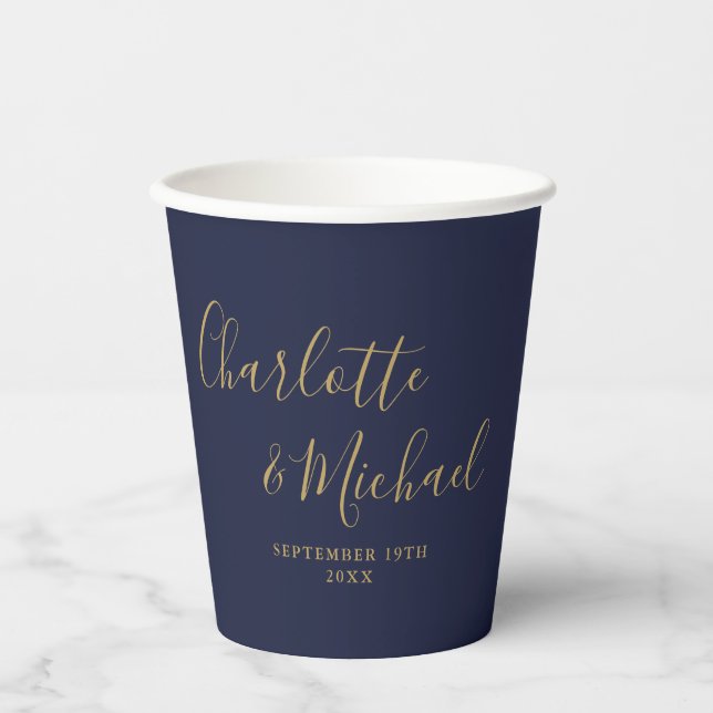 Elegant Signature Script Navy Blue Gold Wedding Paper Cups (Front)