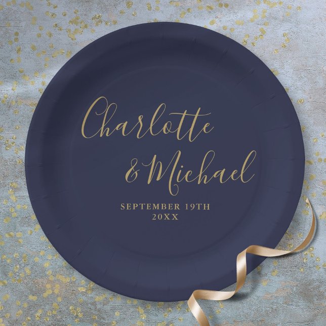 Elegant Signature Script Navy Blue Gold Wedding Paper Plate (Elegant Signature Script Navy Blue Gold Wedding Paper Plates)