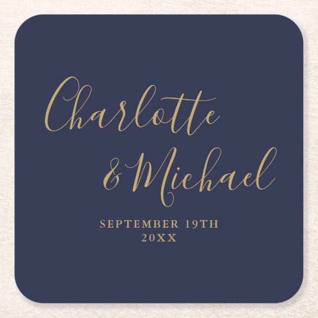 Elegant Signature Script Navy Blue Gold Wedding Square Paper Coaster (Front)