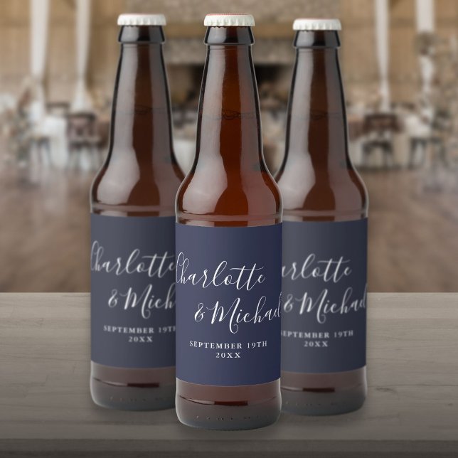 Elegant Signature Script Navy Blue Wedding Beer Bottle Label (Elegant Signature Script Navy Blue Wedding Beer Bottle Label)