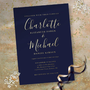 Elegant Signature Script Navy Blue Wedding Gold