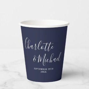 Elegant Signature Script Navy Blue Wedding Paper Cups