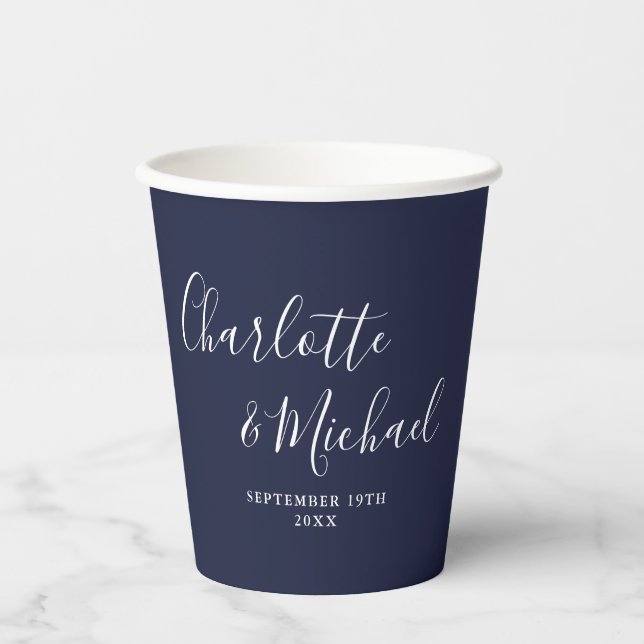 Elegant Signature Script Navy Blue Wedding Paper Cups (Front)