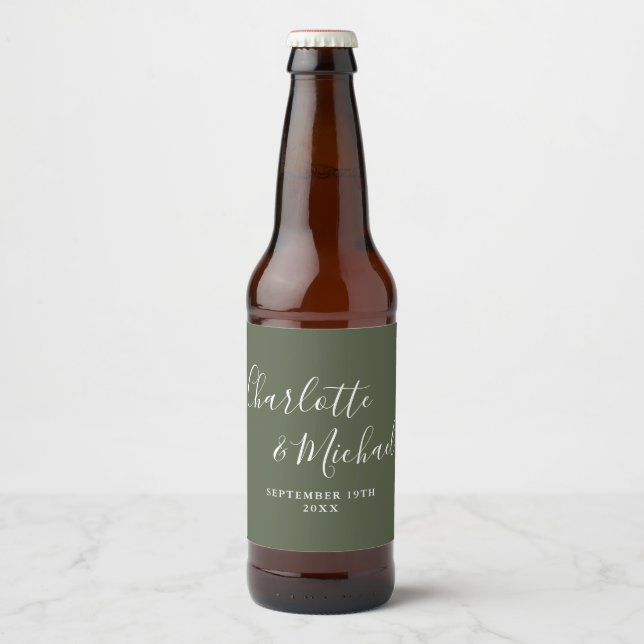 Elegant Signature Script Olive Green Wedding Beer Bottle Label (Front)