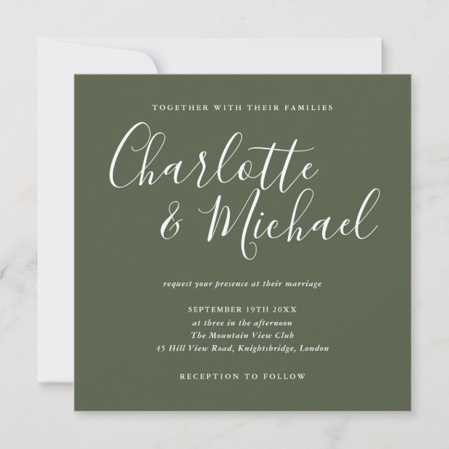 Elegant Signature Script Olive Green Wedding Invitation (Front)