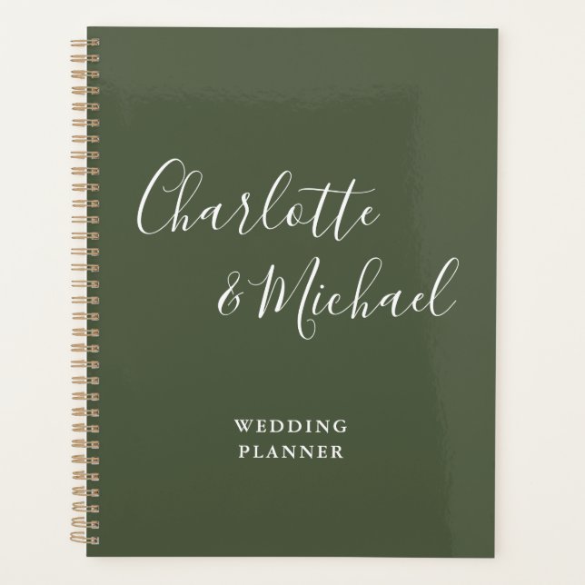 Elegant Signature Script Olive Green Wedding Planner (Front)