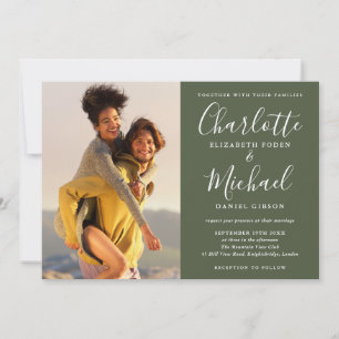 Elegant Signature Script Photo Olive Green Wedding Invitation