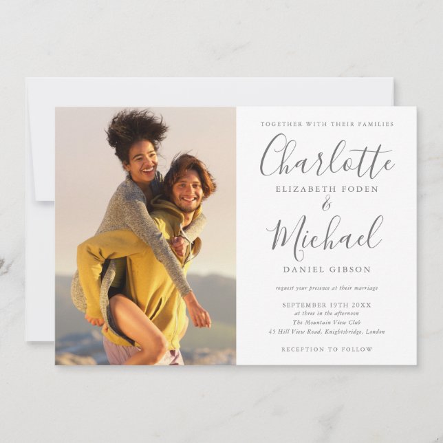 Elegant Signature Script Photos Wedding Invitation (Front)