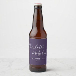 Elegant Signature Script Purple Wedding Beer Bottle Label