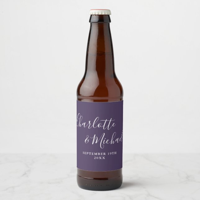 Elegant Signature Script Purple Wedding Beer Bottle Label (Front)