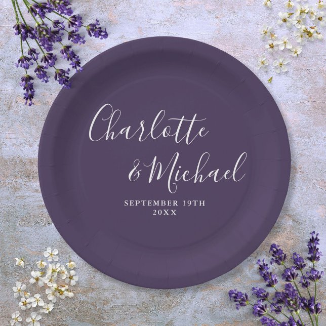 Elegant Signature Script Purple Wedding Paper Plate (Elegant Signature Script Purple Wedding Paper Plates)