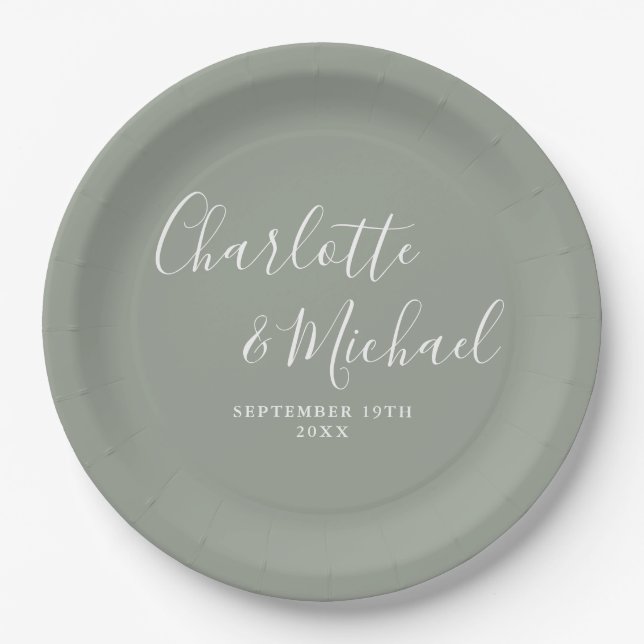 Elegant Signature Script Sage Green Wedding Paper Plate (Front)