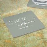 Elegant Signature Script Sage Green Wedding Square Paper Coaster<br><div class="desc">Elegant signature sage green wedding coasters personalised with signature style names and your special wedding date. Designed by Thisisnotme©</div>