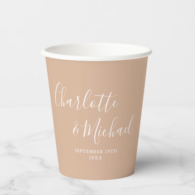 Elegant Signature Script Tan Taupe Wedding Paper Cups (Front)
