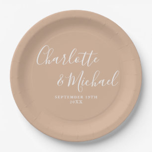 Elegant Signature Script Tan Taupe Wedding Paper Plate