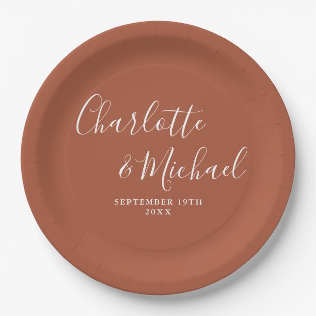 Elegant Signature Script Terracotta Wedding Paper Plate (Front)