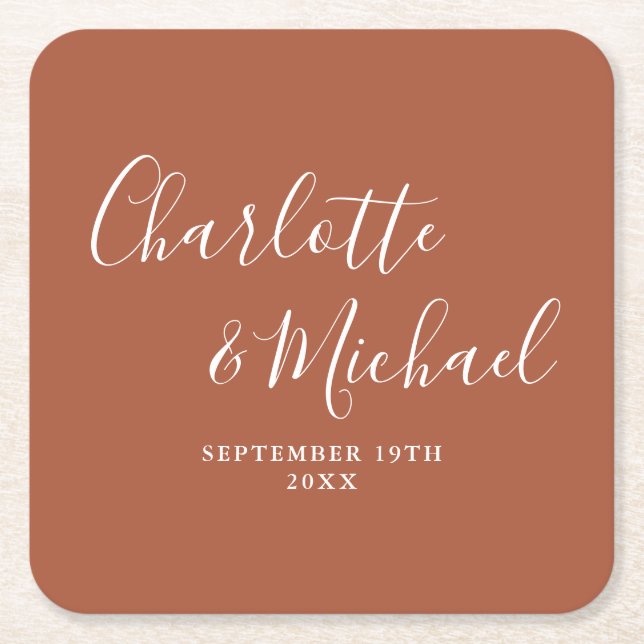 Elegant Signature Script Terracotta Wedding Square Paper Coaster (Front)