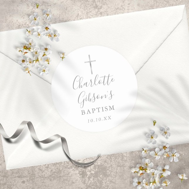 Elegant Signature Silver Cross Baptism Christening Classic Round Sticker (Creator Uploaded)
