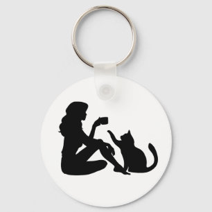 Elegant silhouette art girl with a cat Keychain