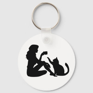 Elegant silhouette art girl with a cat Keychain