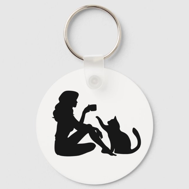 Elegant silhouette art girl with a cat Keychain (Front)