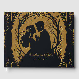 Elegant silhouette of a bride and groom surrounded guest book