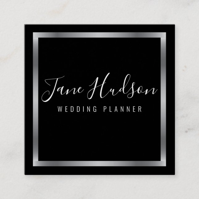 Elegant Silve Black Minimalist Editable Square Business Card (Front)