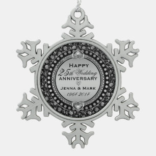 Elegant Silver 25th Wedding Anniversary 3 Snowflake Pewter Christmas Ornament