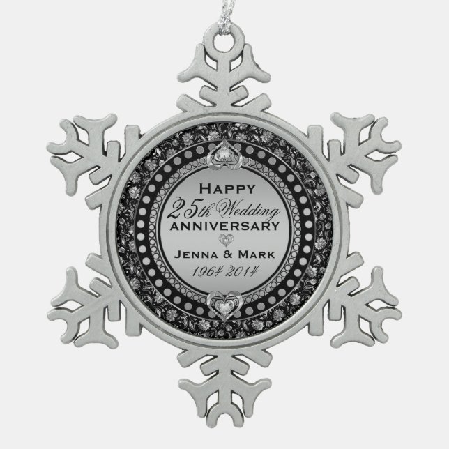 Elegant Silver 25th Wedding Anniversary 3 Snowflake Pewter Christmas Ornament (Front)