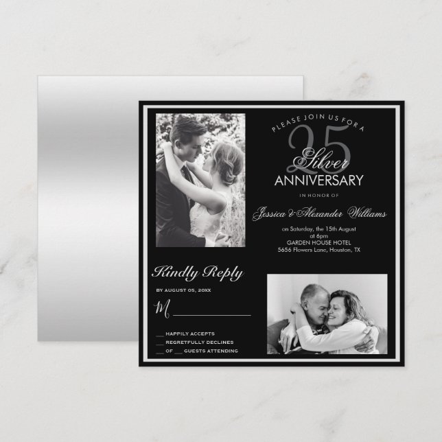 Elegant Silver 25th Wedding Anniversary Photo Invitation (Front/Back)