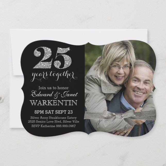 Elegant Silver 25th Wedding Anniversary with Photo Invitation (Front)
