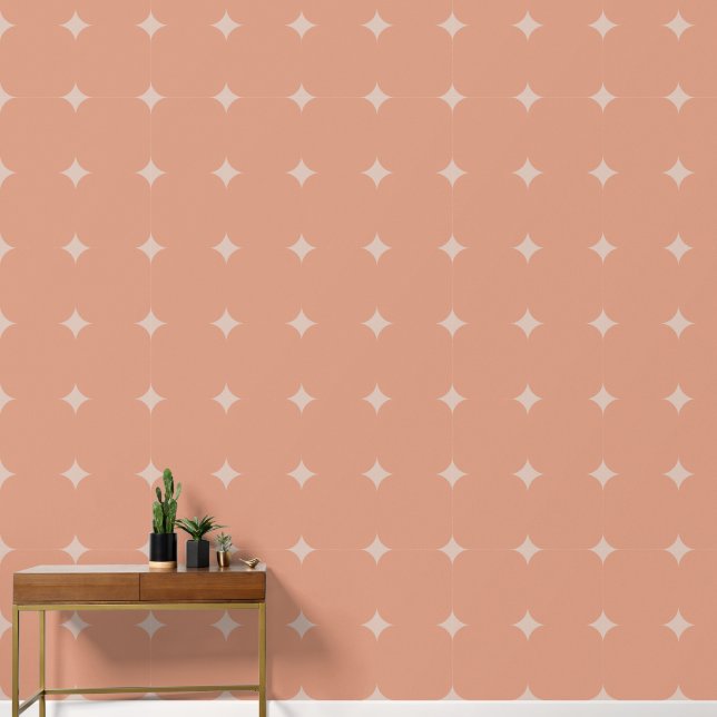 Elegant Silver 4 Point Stars Salmon Pink Squares Wallpaper (Hallway)
