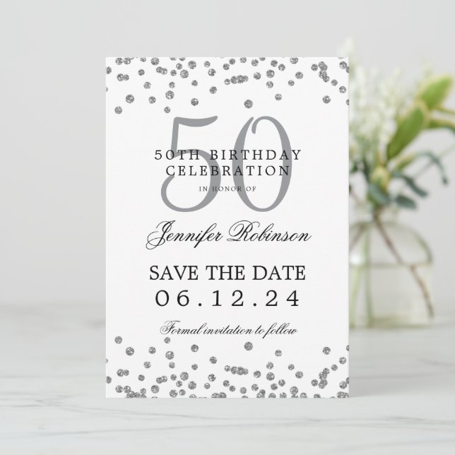 Elegant Silver 50 Birthday Save Date Confetti Invitation (Standing Front)