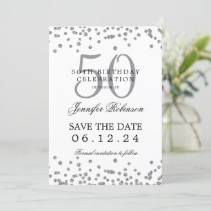 Elegant Silver 50 Birthday Save Date Confetti Invitation