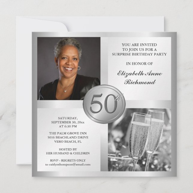 Elegant Silver 50th Birthday Photo Invitations (Front)