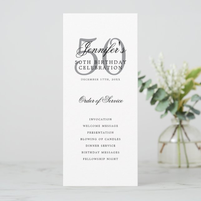 Elegant Silver 50th Birthday Program w/ Menu Invitation (Standing Front)