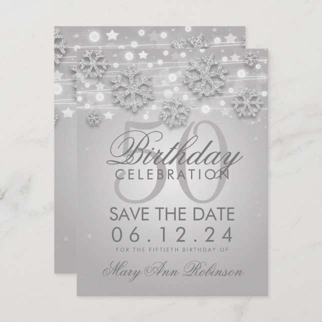 Elegant Silver 50th Birthday Save the Date Winter Invitation (Front/Back)