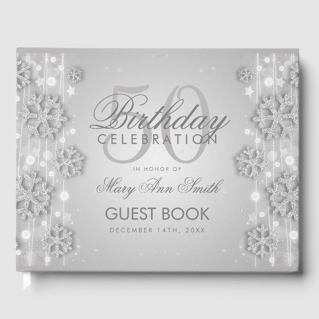 Elegant Silver 50th Birthday Winter Glitter Guest Book (Front)