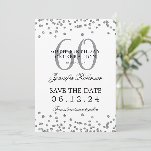 Elegant Silver 60th Birthday Save Date Confetti Invitation (Standing Front)
