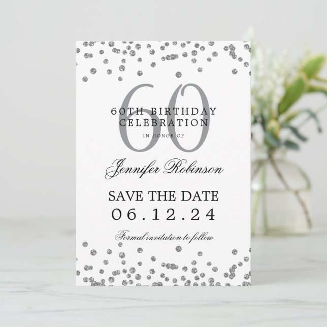 Elegant Silver 60th Birthday Save Date Details Invitation (Standing Front)