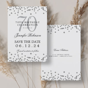 Elegant Silver 70th Birthday Save Date Confetti Invitation