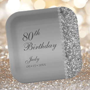 Elegant Silver 80th Birthday Paper Plate
