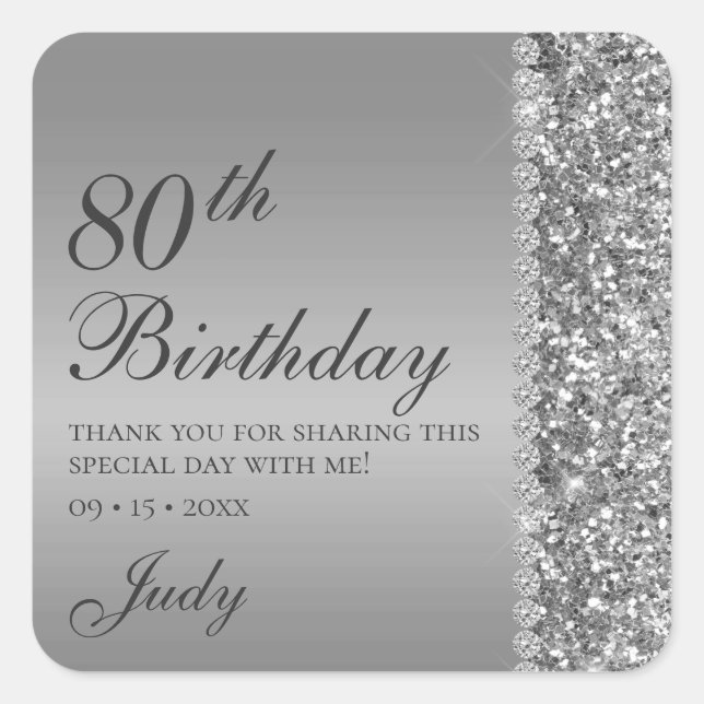 Elegant Silver 80th Birthday Thank You Square Sticker (Front)