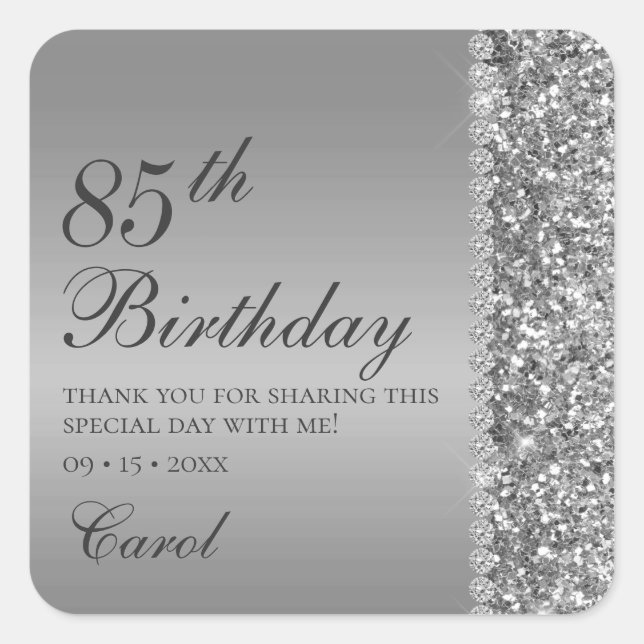 Elegant Silver 85th Birthday Party Thank You Square Sticker (Front)