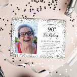 Elegant Silver 90th Birthday Party Invitation<br><div class="desc">This elegant 90th Birthday Party invitation is perfect for anyone looking to toast to being 90 and still fabulous! The design features a glamourous silvery glitter border and elegant handwritten script typography. Easily upload your own photo and edit all the details using the template provided. Please contact the designer for...</div>