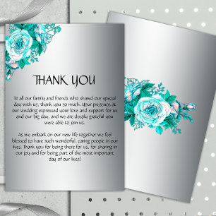 Elegant Silver and Aqua Roses Wedding Thank You  Card