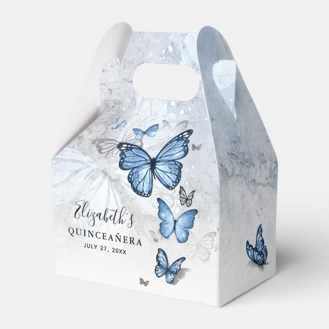 Elegant Silver and Baby Blue Butterfly Template  Favour Box (Front Side)