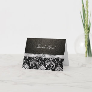 Elegant Silver and Black Damask with Diamond Heart Thank You Card