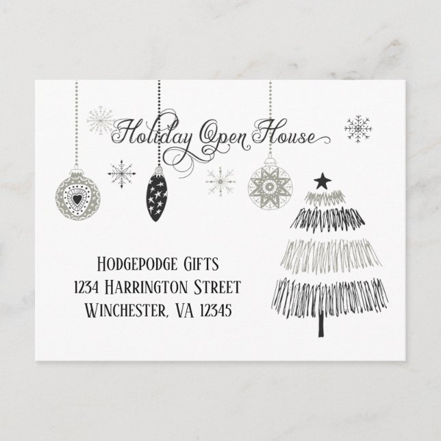 Elegant Silver and Black Holiday Open House | Postcard (Front)