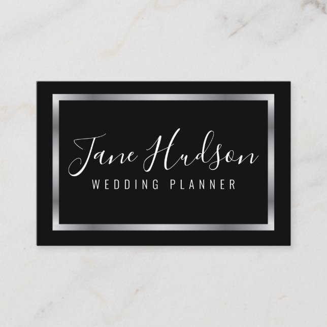 Elegant Silver and Black Minimalist Business Card (Front)